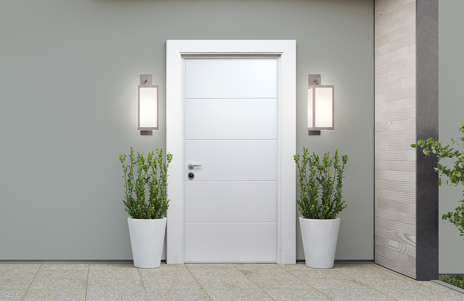 New house with wooden door and empty white wall. 3d rendering of